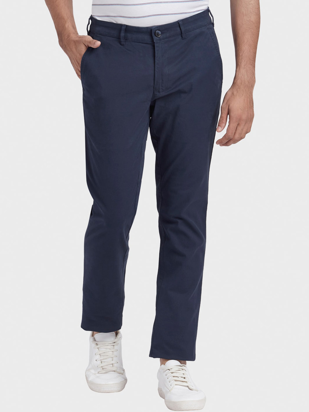 Buy ColorPlus Men Navy Blue Regular Fit Solid Regular Trousers ...