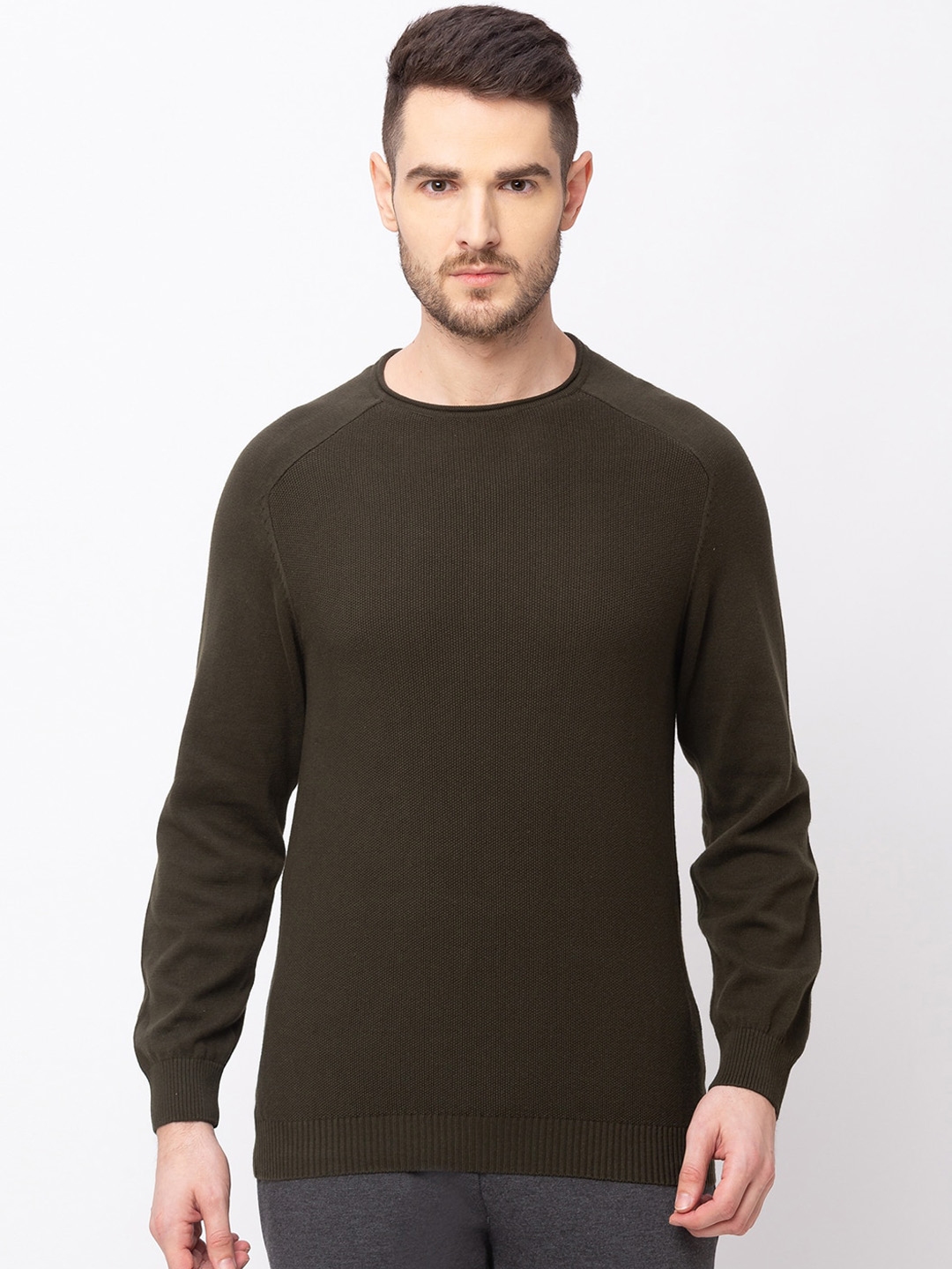 Buy Globus Men Olive Green Solid Pullover Sweater - Sweaters for Men ...