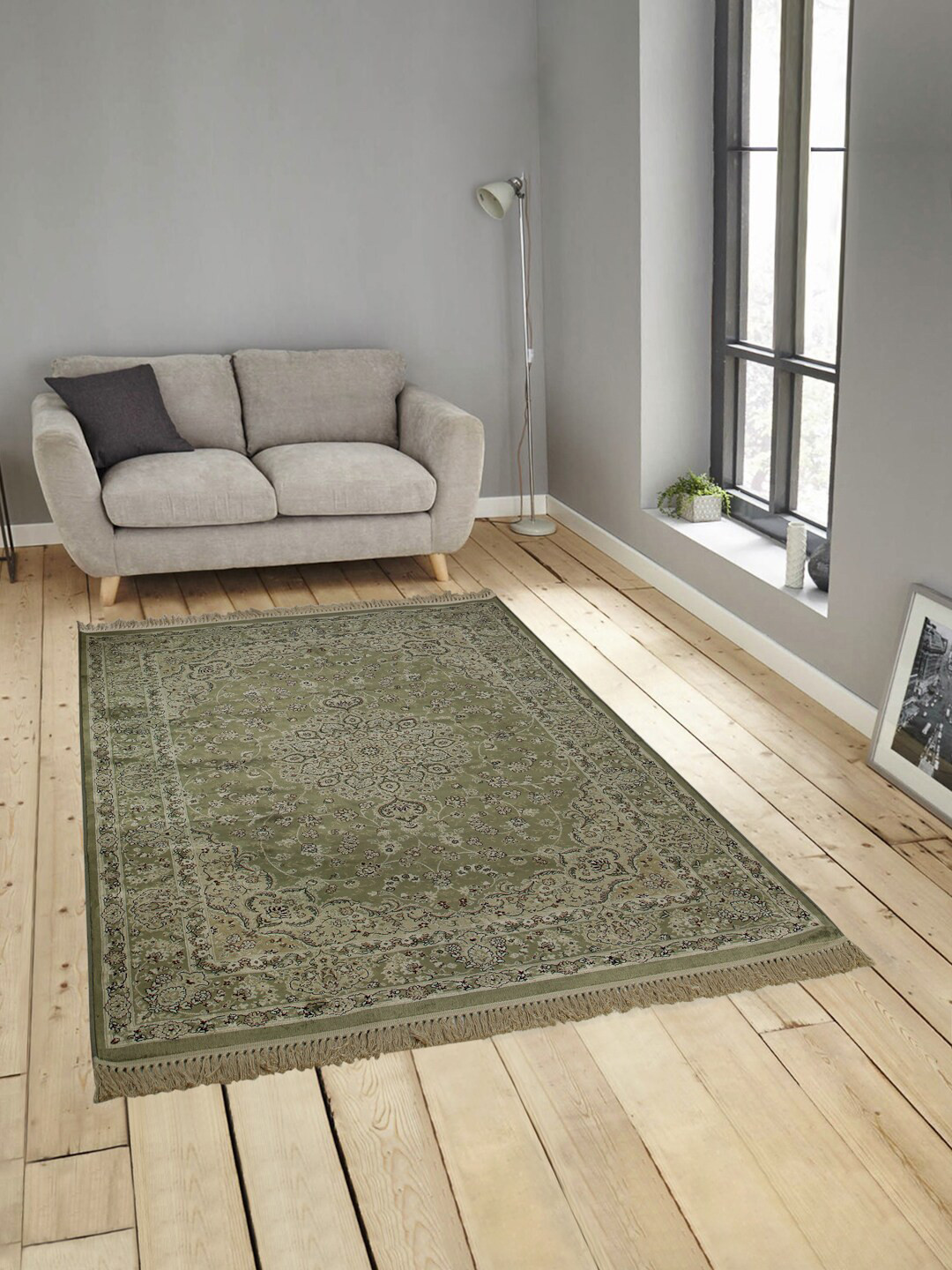 Buy OBSESSIONS Olive Green & Beige Printed Anti Skid Carpet - Carpets