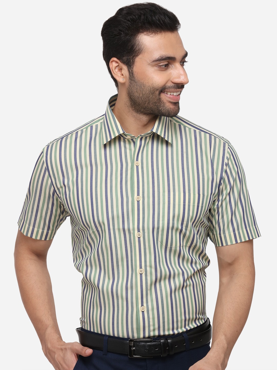 Buy JADE BLUE Men Green Regular Fit Striped Formal Shirt - Shirts for ...