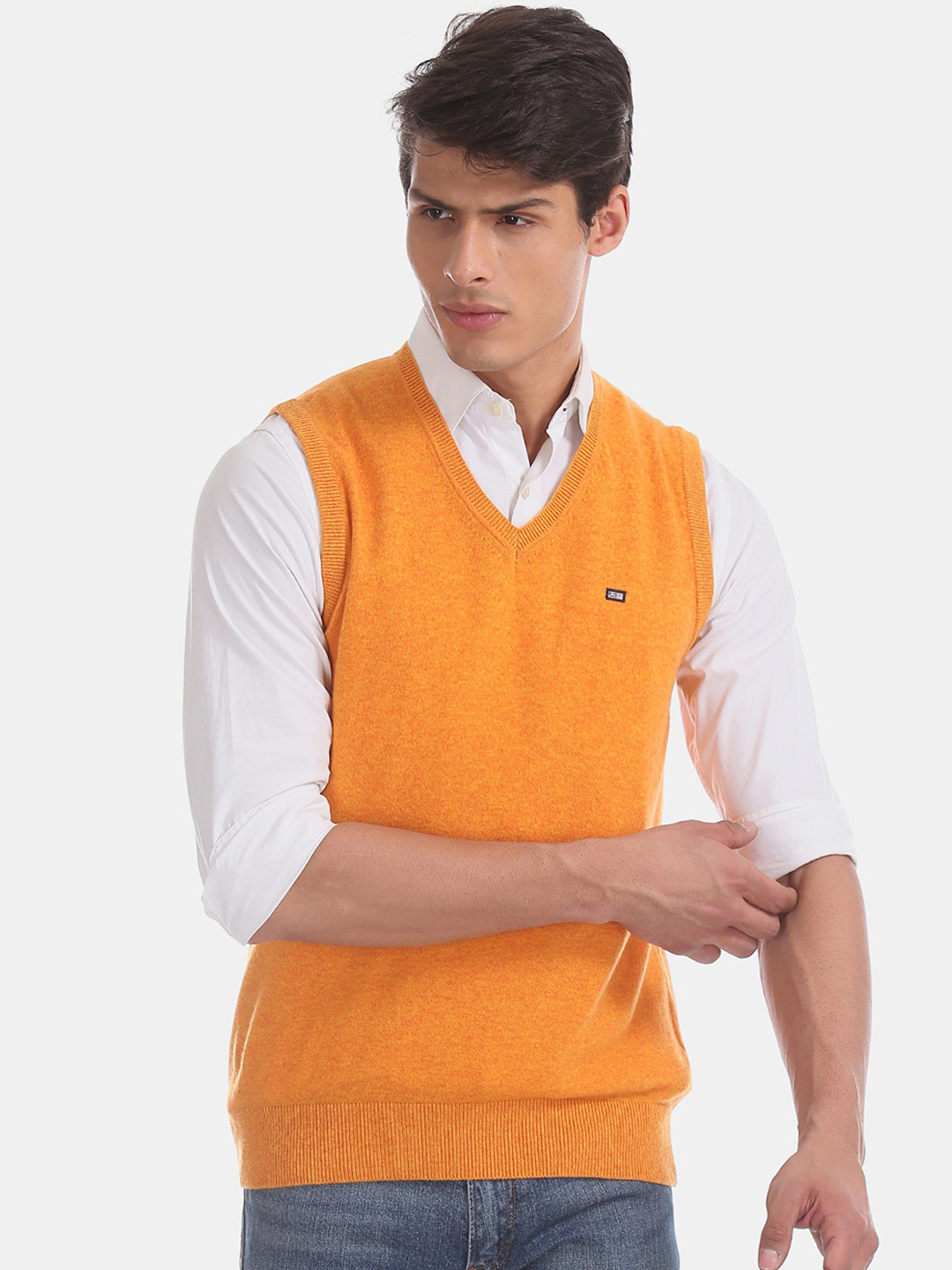 Buy Arrow Sport Men Mustard Yellow Solid Sweater Vest Sweaters for