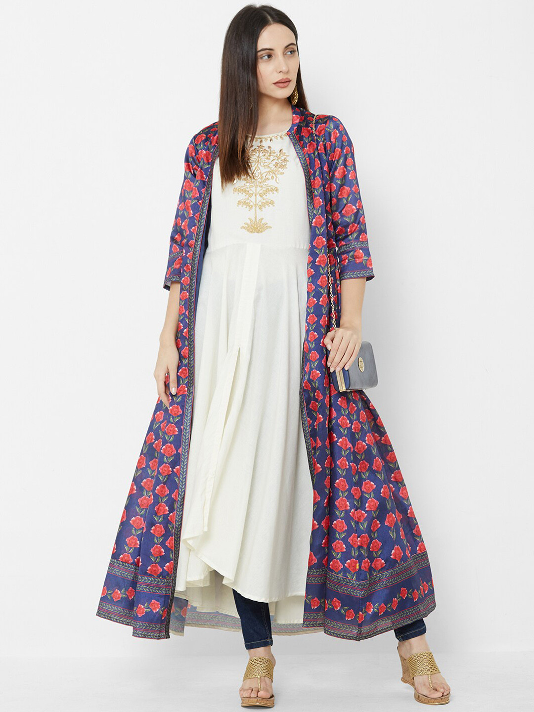 Buy Vedic Women Blue Floral Printed Open Front Longline Ethnic Jacket