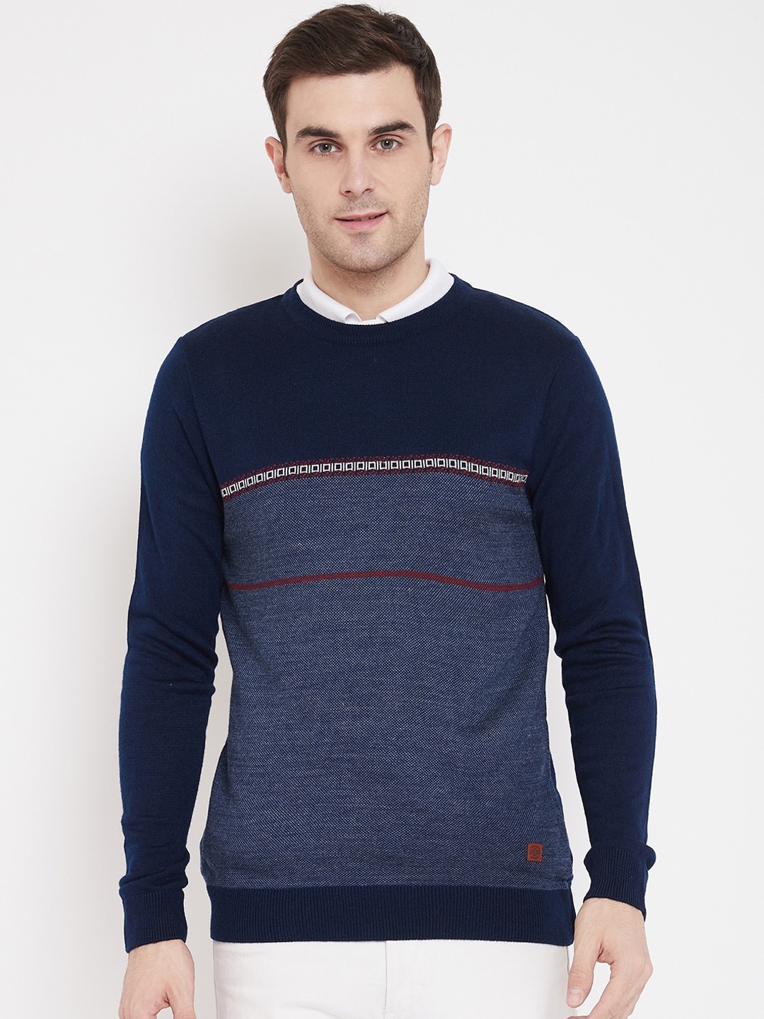 Buy NEVA Men Navy Blue Colourblocked Knitted Woollen Pullover Sweater ...