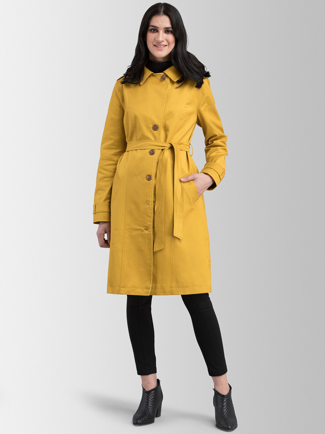 Buy FableStreet Women Yellow Solid Trench Coat Coats for Women
