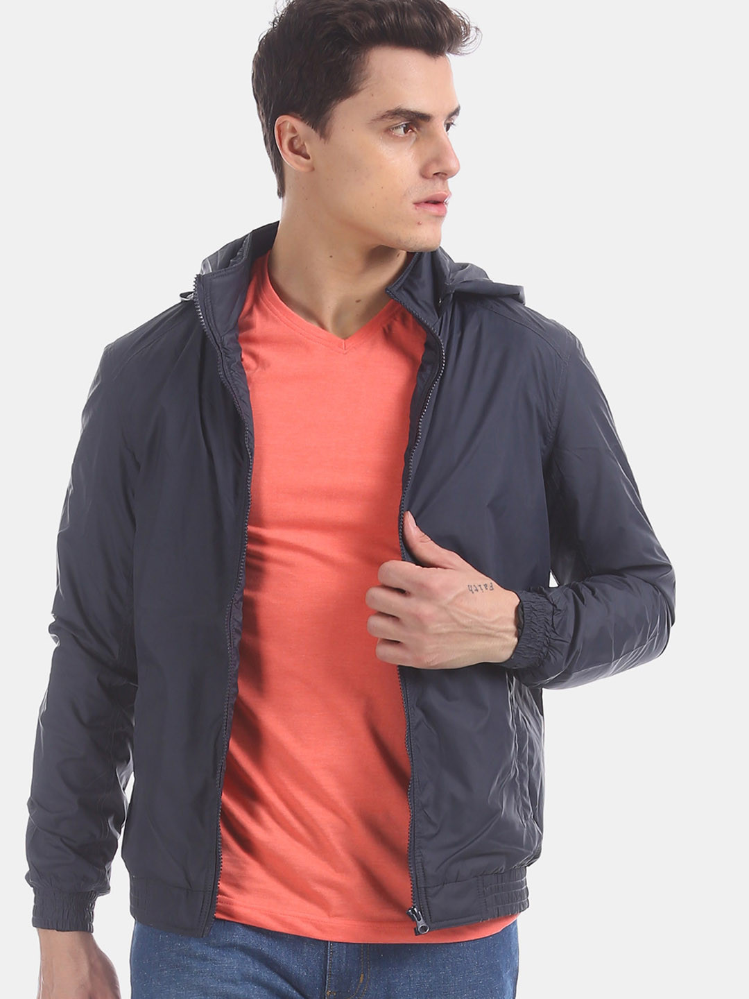 Buy Ruggers Men Navy Blue Solid Bomber With Concealed Hood Jackets