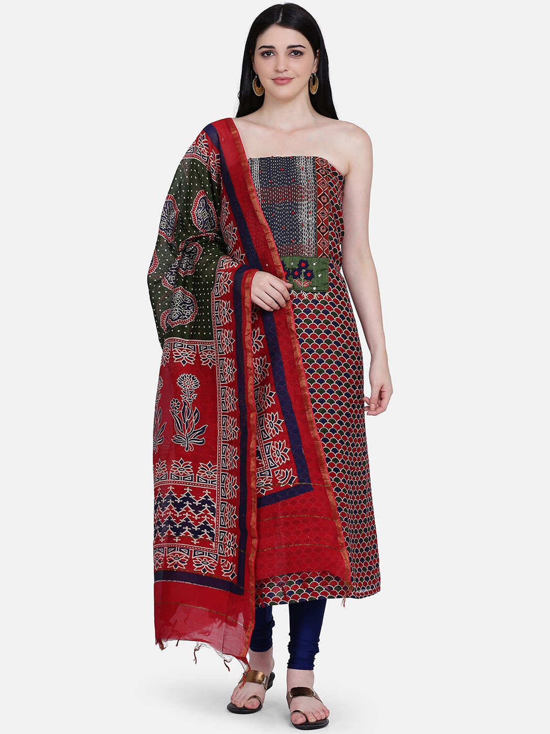 Buy BOMBAY SELECTIONS Red & Green Cotton Blend Unstitched Dress