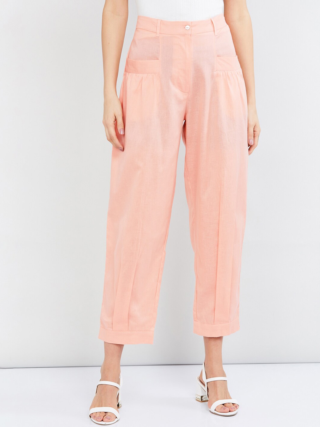 Buy Max Women Peach Regular Fit Solid Regular Trousers - Trousers for ...