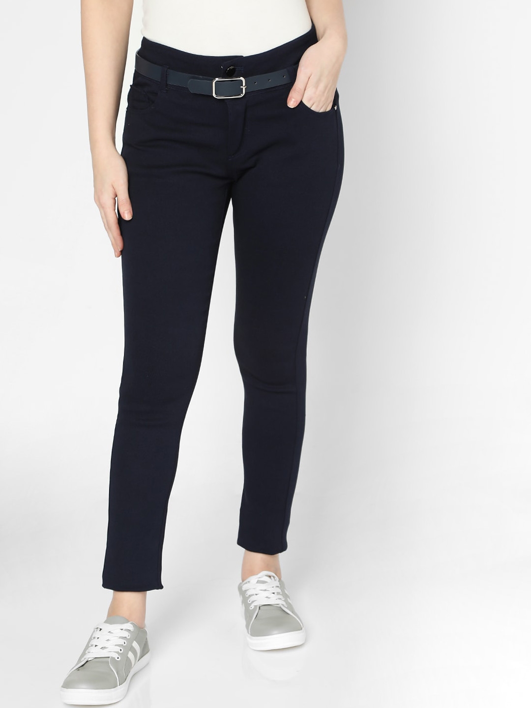 Buy Deal Jeans Women Navy Blue Slim Fit Solid Regular Trousers ...