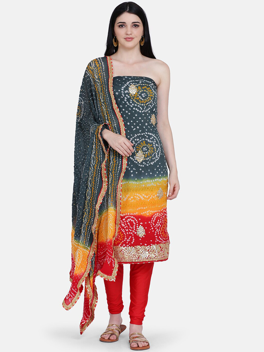 Buy BOMBAY SELECTIONS Red & Grey Silk Unstitched Dress