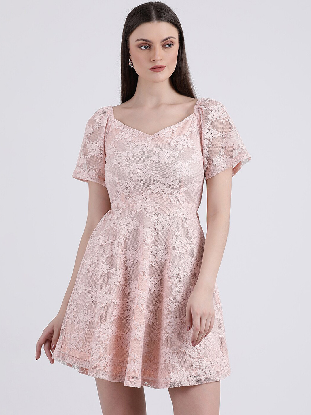 Buy Zink London Women Peach Coloured Self Design Fit And Flare Dress