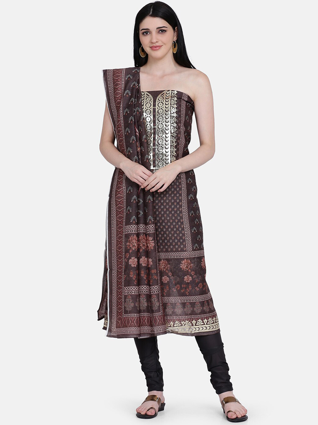 Buy BOMBAY SELECTIONS Grey & Brown Cotton Blend Unstitched Dress