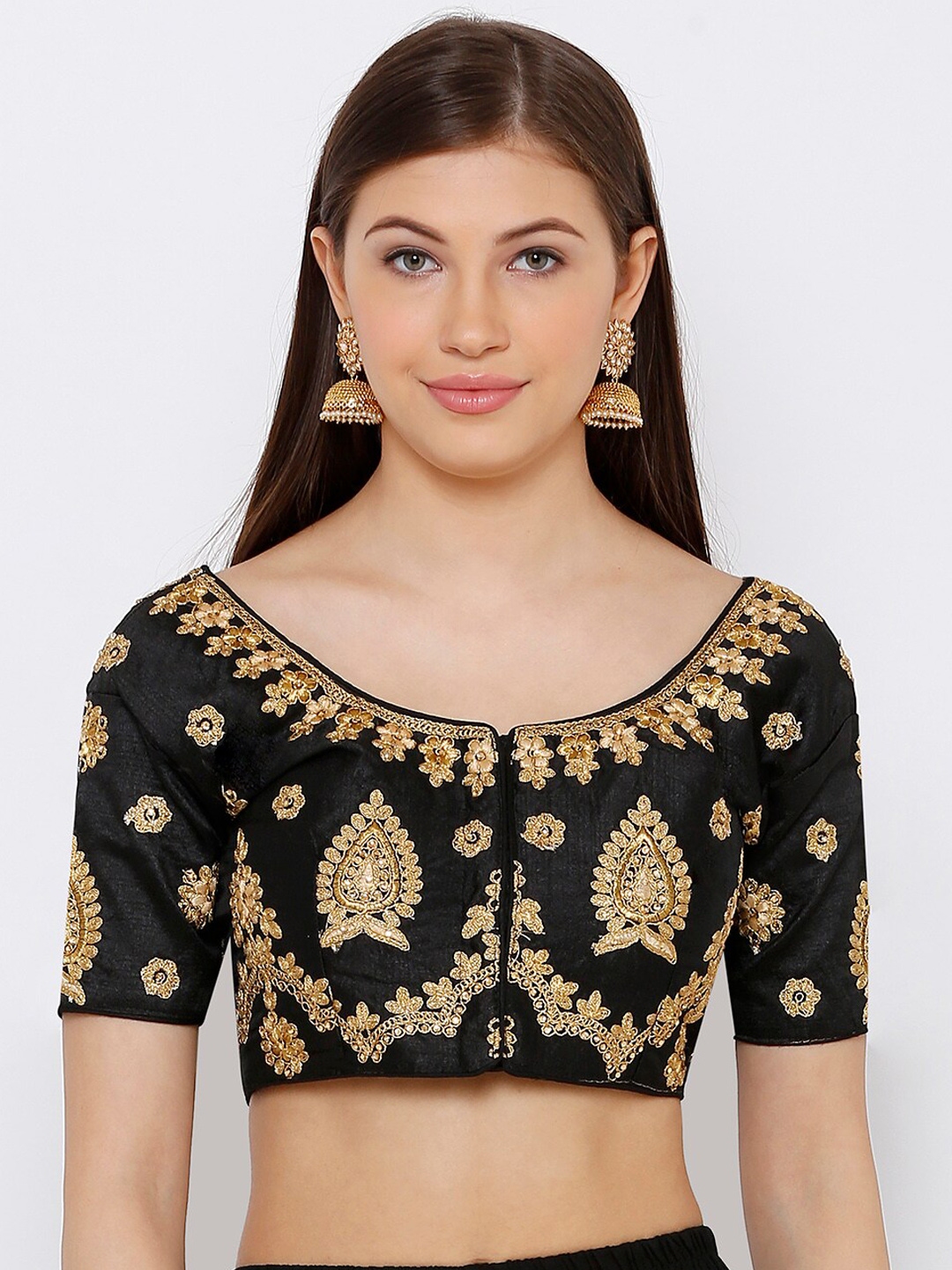 Buy SALWAR STUDIO Women Black & Gold Coloured Embroidered Padded ...