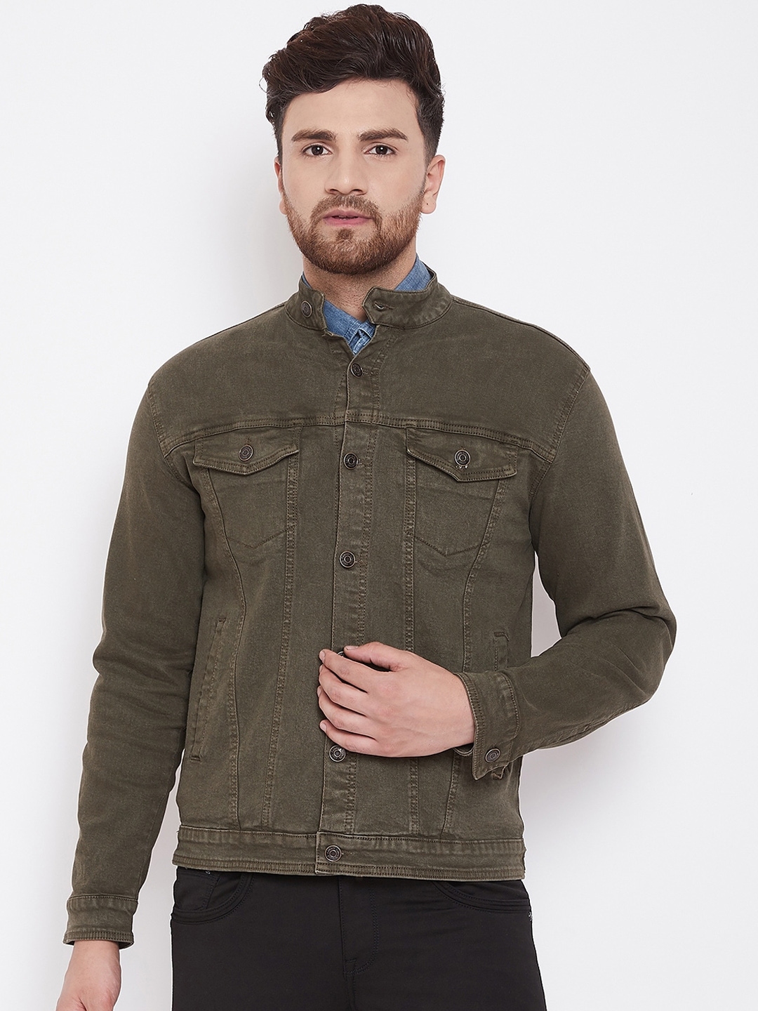 urban olive green denim jacket with zip and hood