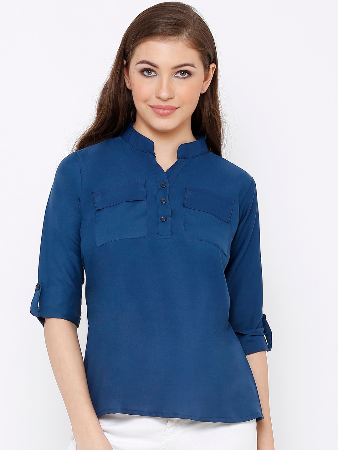 Buy SALWAR STUDIO Women Navy Blue Solid Shirt Style Top - Tops for ...