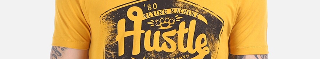 Buy Flying Machine Men Yellow Printed Round Neck Pure Cotton T Shirt ...