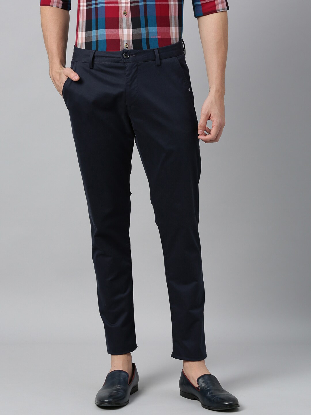 Buy RARE RABBIT Men Navy Blue Slim Fit Solid Regular Trousers ...
