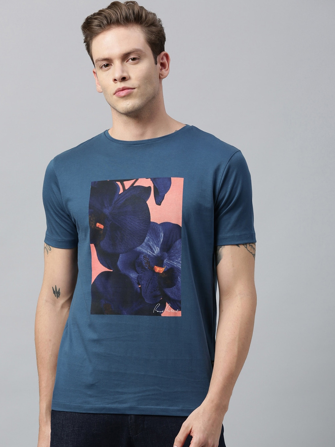 Buy RARE RABBIT Men Blue Floral Printed Round Neck T Shirt - Tshirts ...