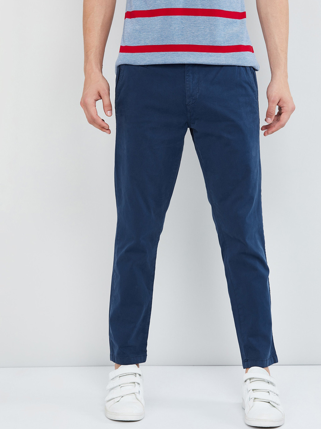 Buy Max Men Navy Blue Tapered Fit Solid Chinos - Trousers for Men ...