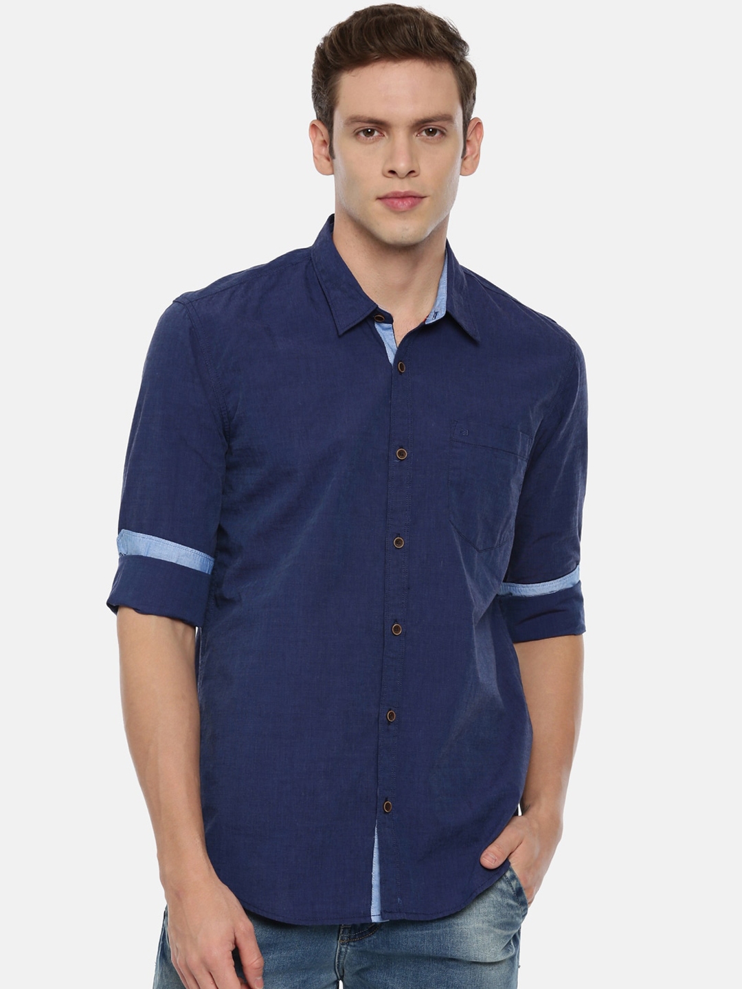 Buy ARISER Men Navy Blue Regular Fit Solid Casual Shirt - Shirts for ...
