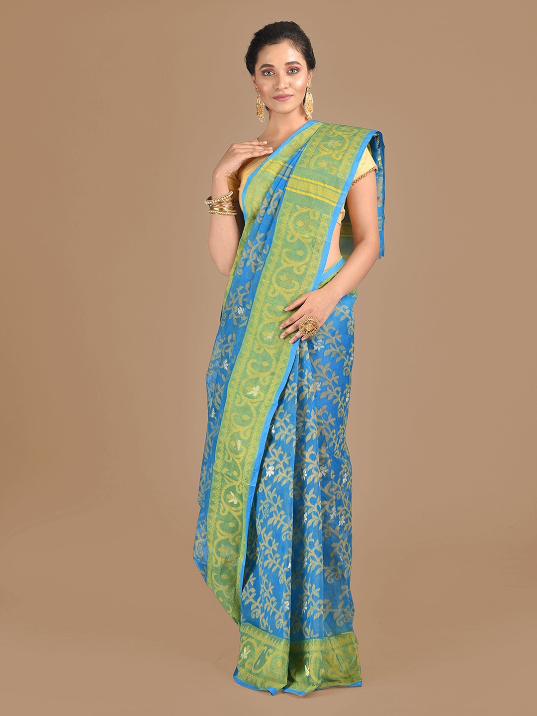 Buy Mitera Blue & Green Pure Cotton Woven Design Jamdani Saree - Sarees ...