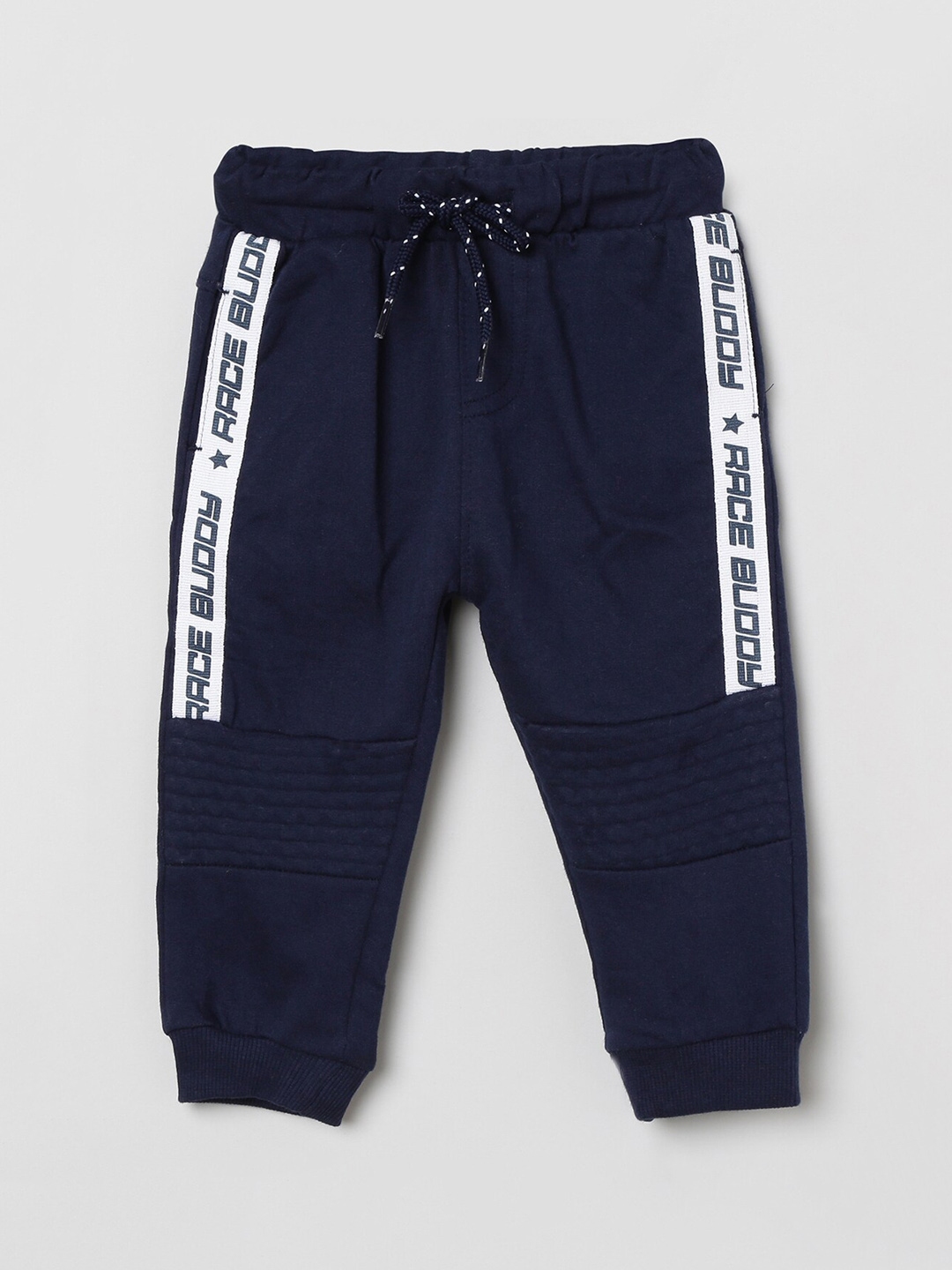 navy blue track pants with red stripe
