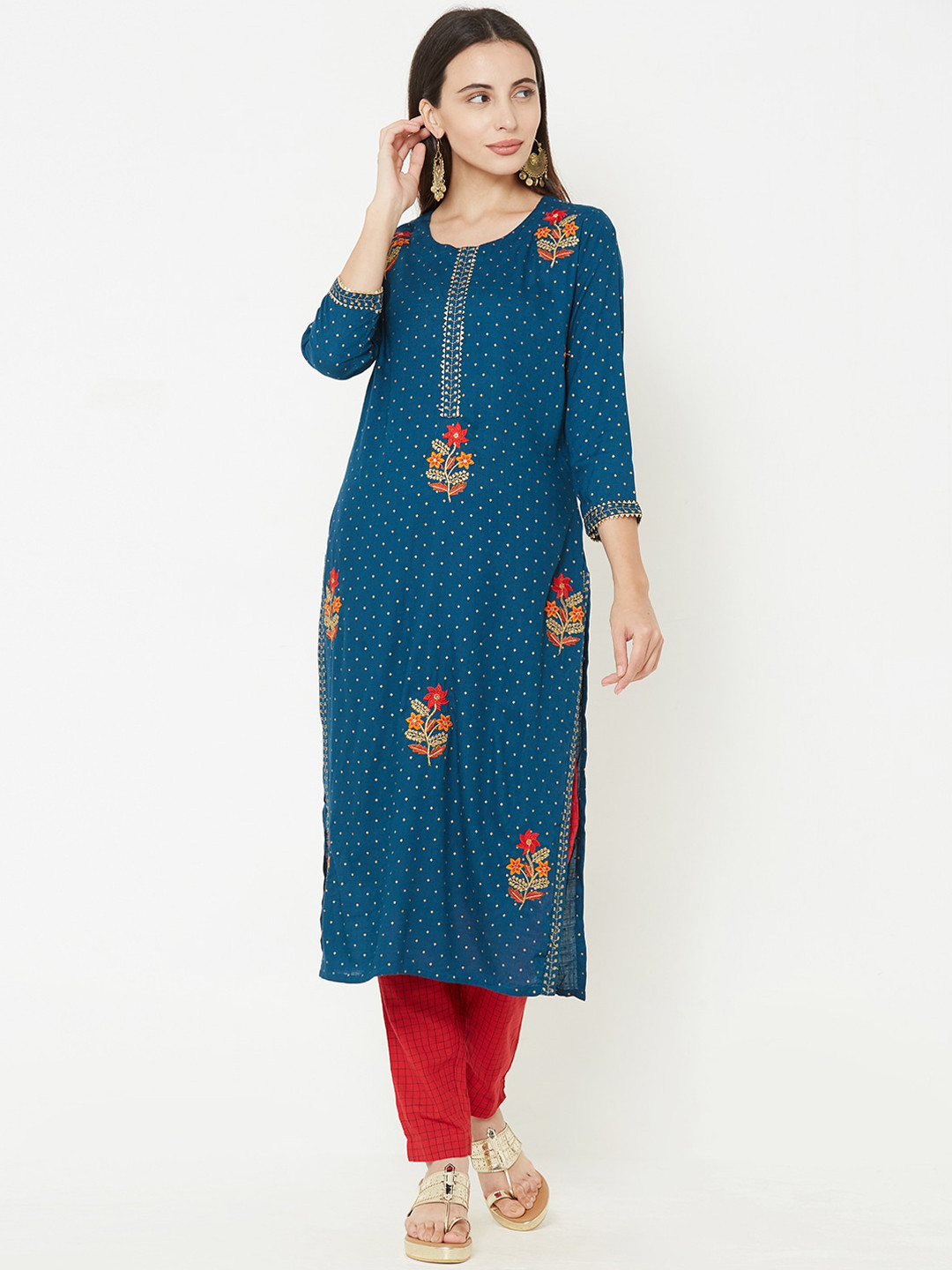 Buy FASHOR Women Teal Woven Design A Line Kurta Kurtas for Women