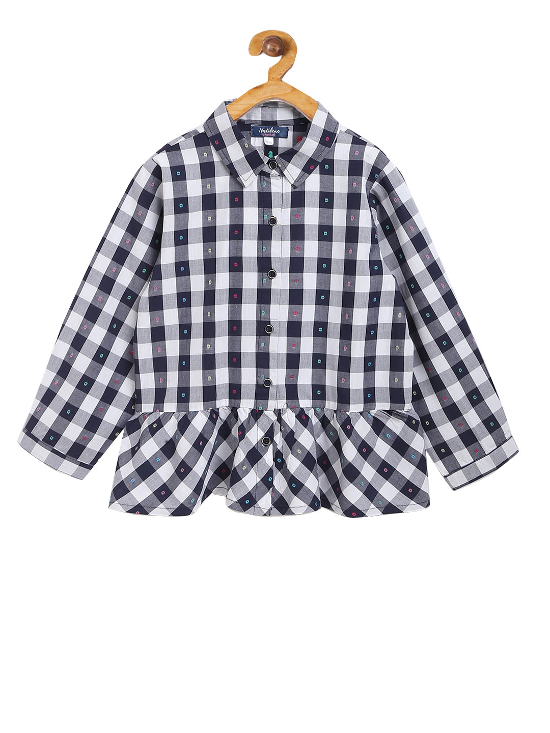 Natilene Girls White Grey Standard Checked Pure Cotton Casual Shirt