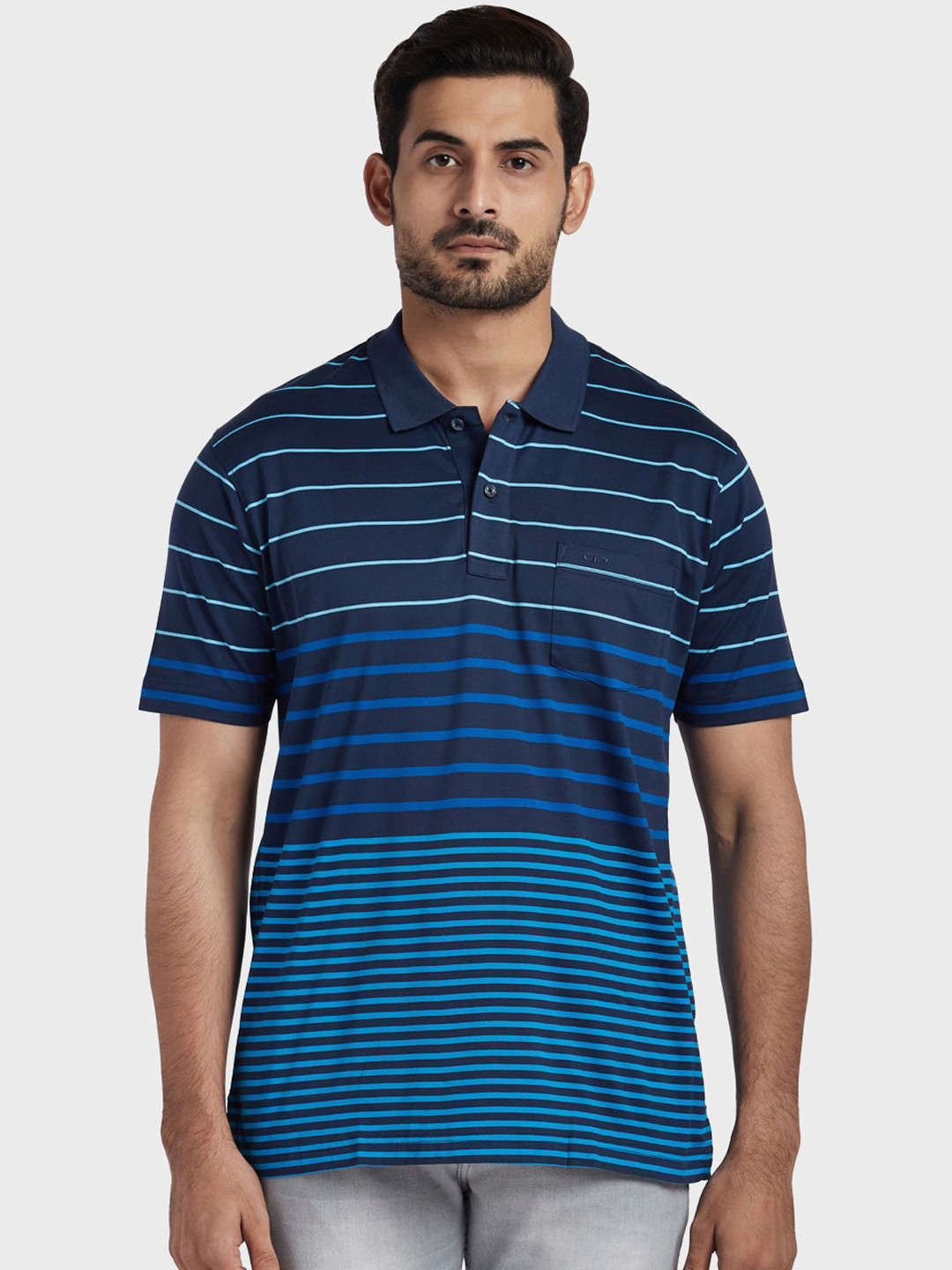 Buy ColorPlus Men Blue Sea Green Striped Polo Collar Pure Cotton T