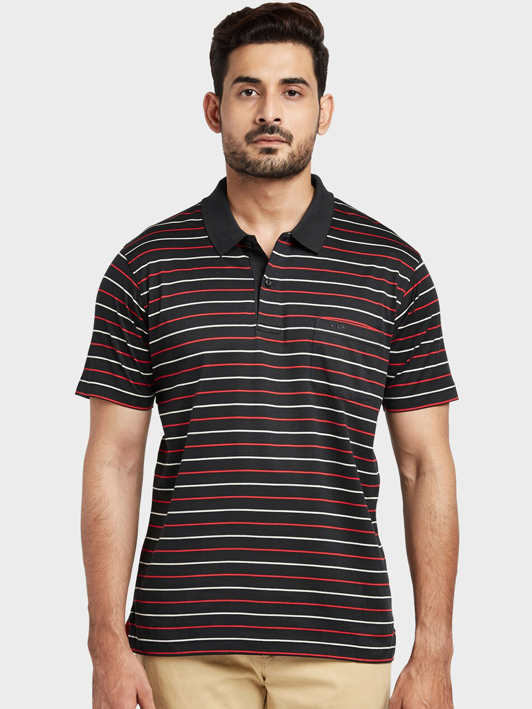 Buy ColorPlus Men Black & Red Striped Polo Collar T Shirt Tshirts for