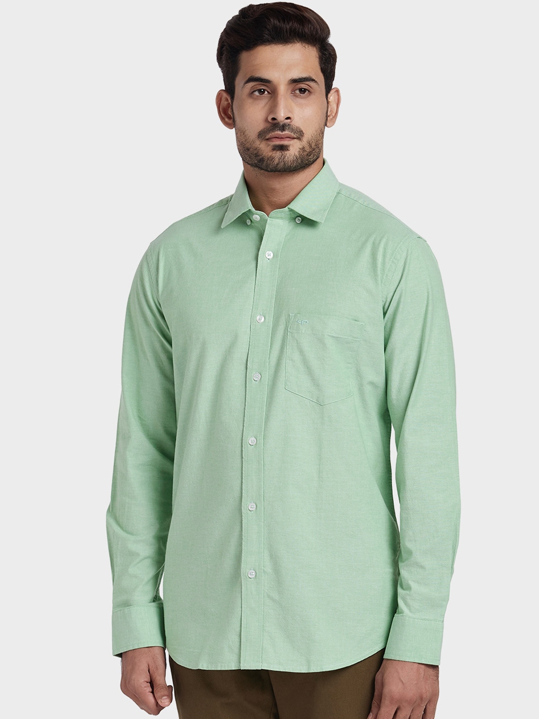 Buy ColorPlus Men Green Tailored Fit Solid Casual Shirt - Shirts for ...