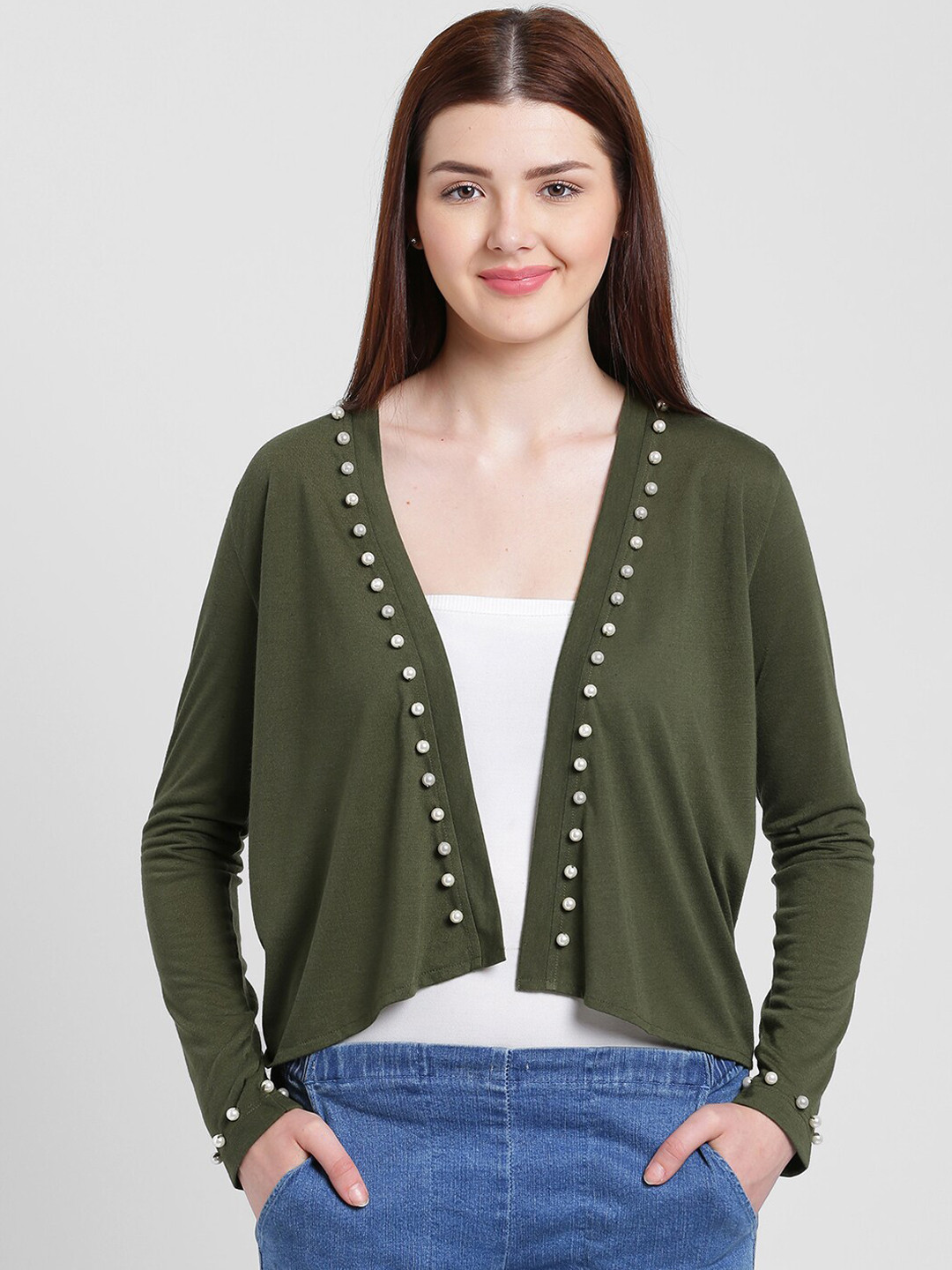 Buy Texco Women Olive Green Solid Open Front Embellished Shrug Shrug