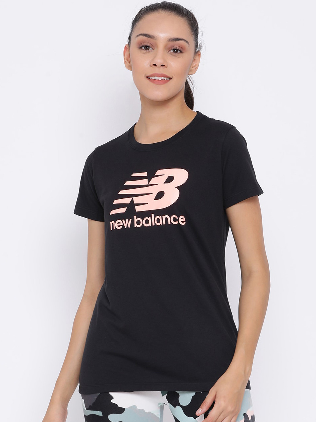 Buy New Balance Women Black & Pink Printed Round Neck T Shirt Tshirts