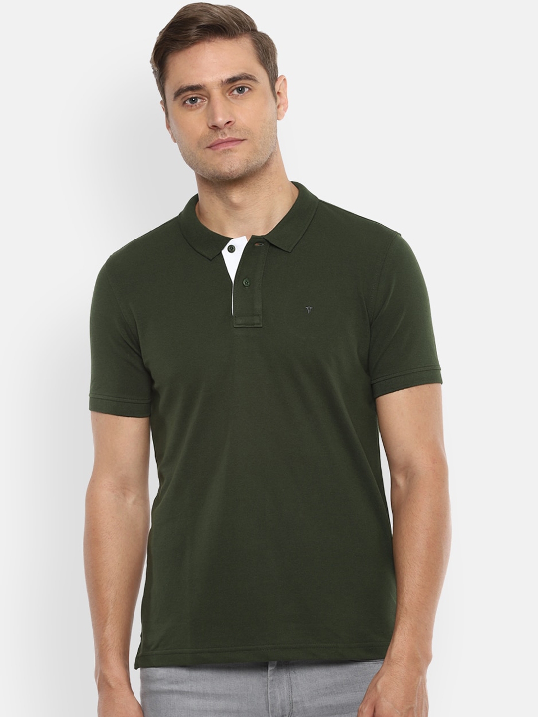 Buy Van Heusen Sport Men Olive Green Solid Polo Collar T Shirt ...