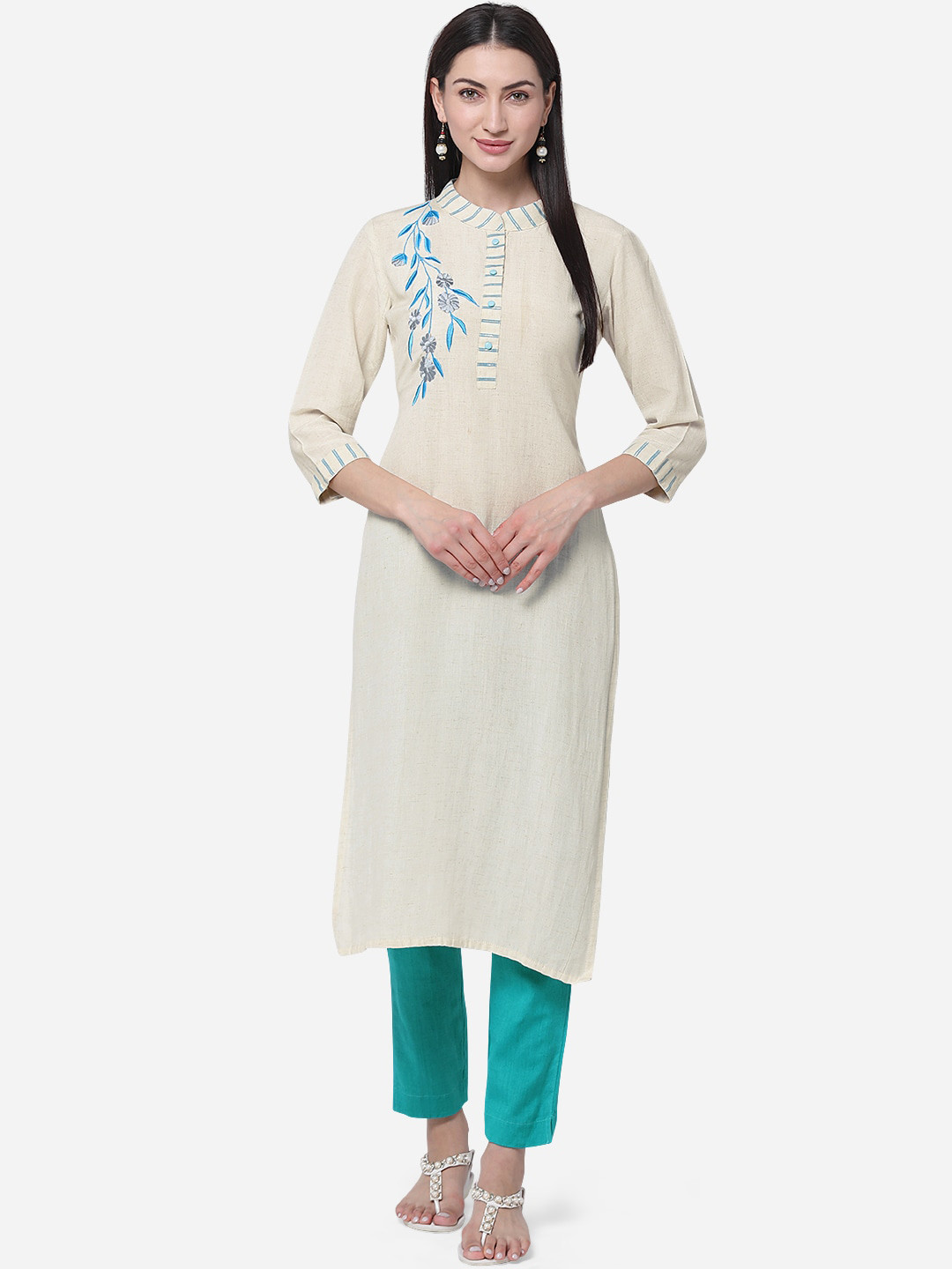 Women Off White Embroidered A-Line Kurta Trousers  Set