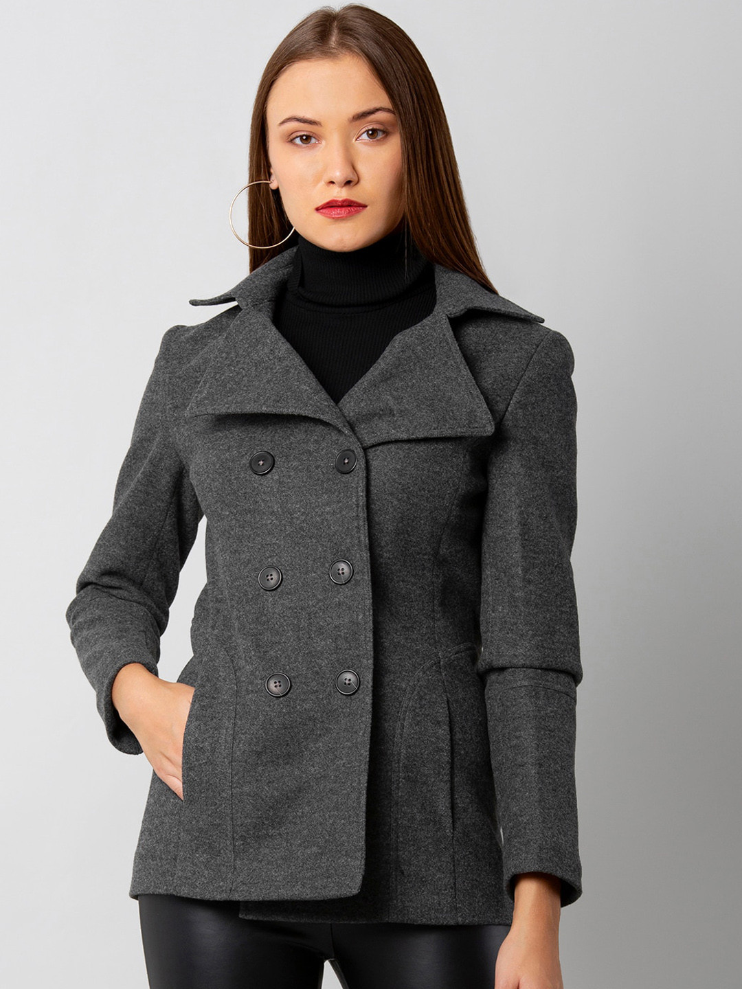 Buy FabAlley Women Grey Solid Double Breasted Coat Coats for Women