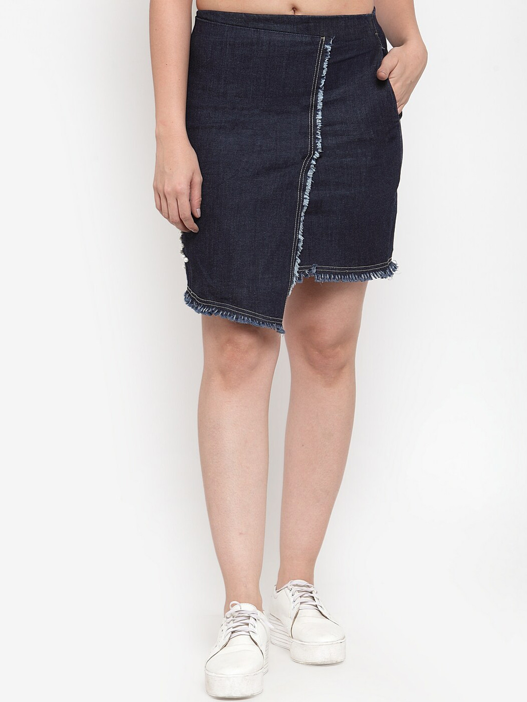 Buy Anaisa Women Dark Blue Denim Solid Pure Cotton Skirt Skirts for