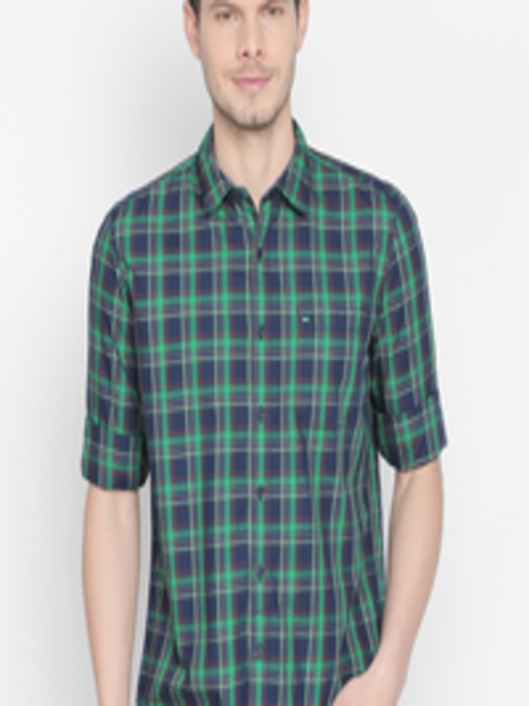 Buy Basics Men Green & Navy Blue Slim Fit Checked Casual Shirt - Shirts ...