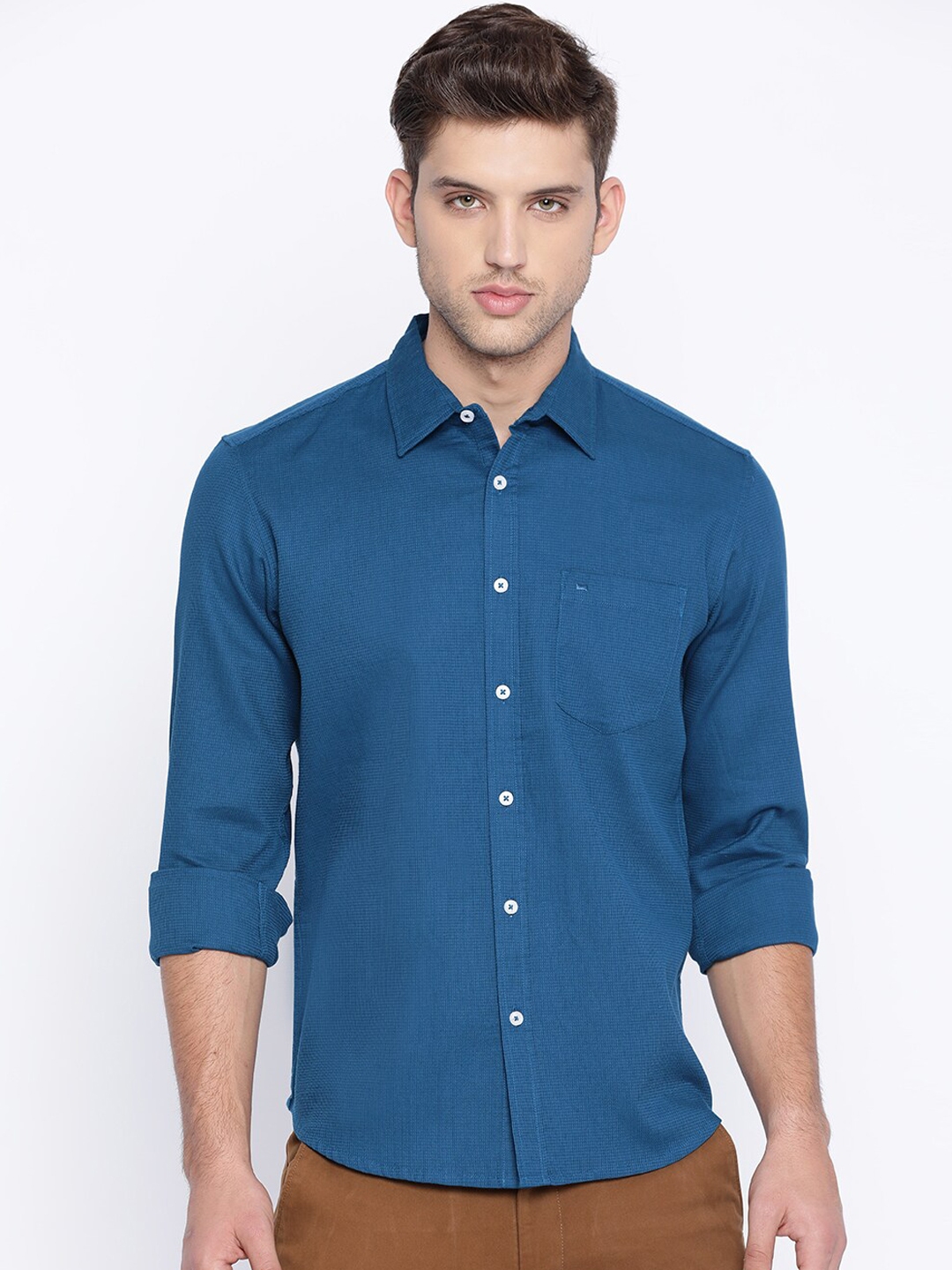 Buy Basics Men Blue Slim Fit Self Design Casual Shirt - Shirts for Men ...