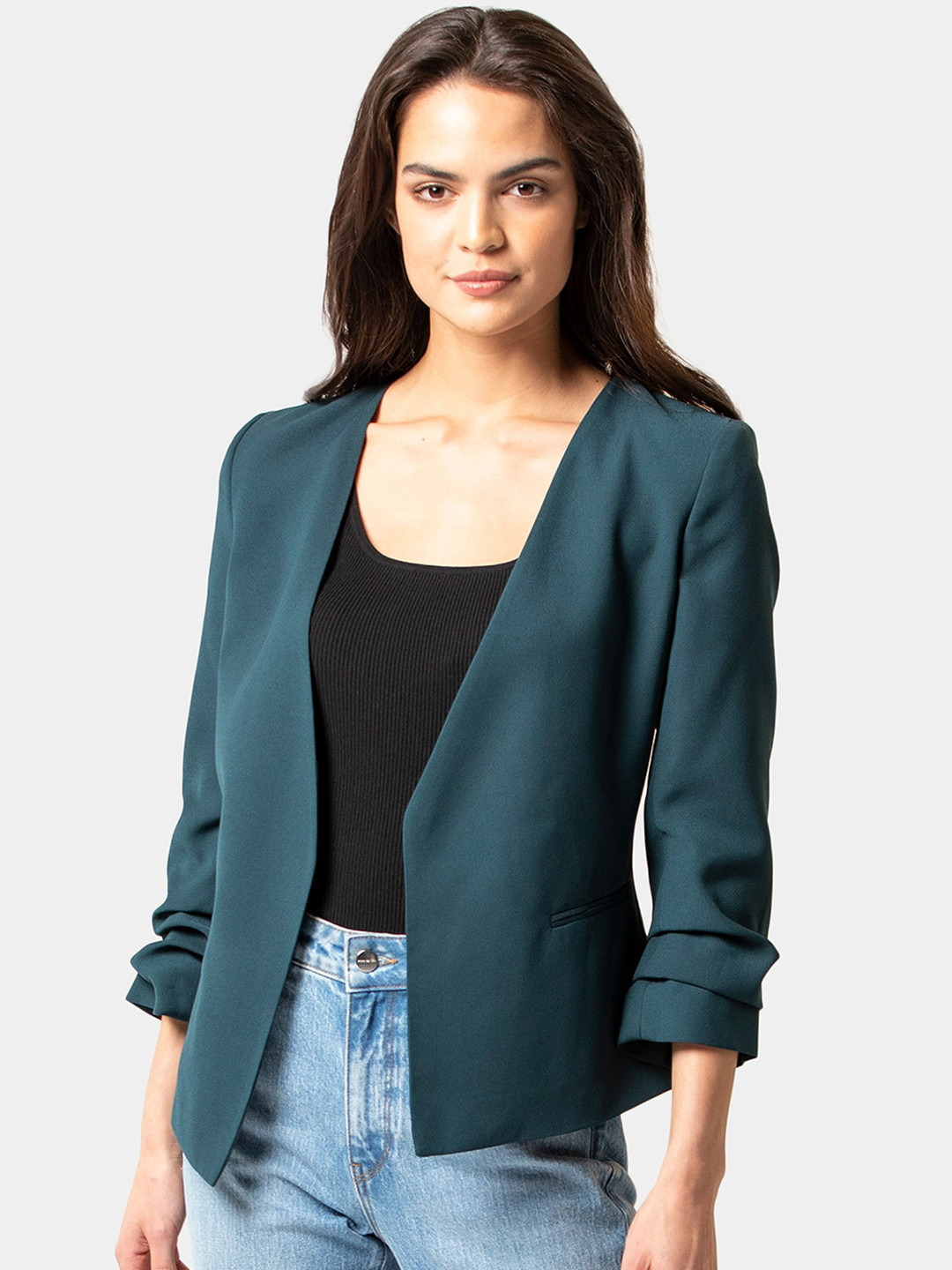 Buy Forever New Women Teal Green Solid Lightweight Tailored Jacket