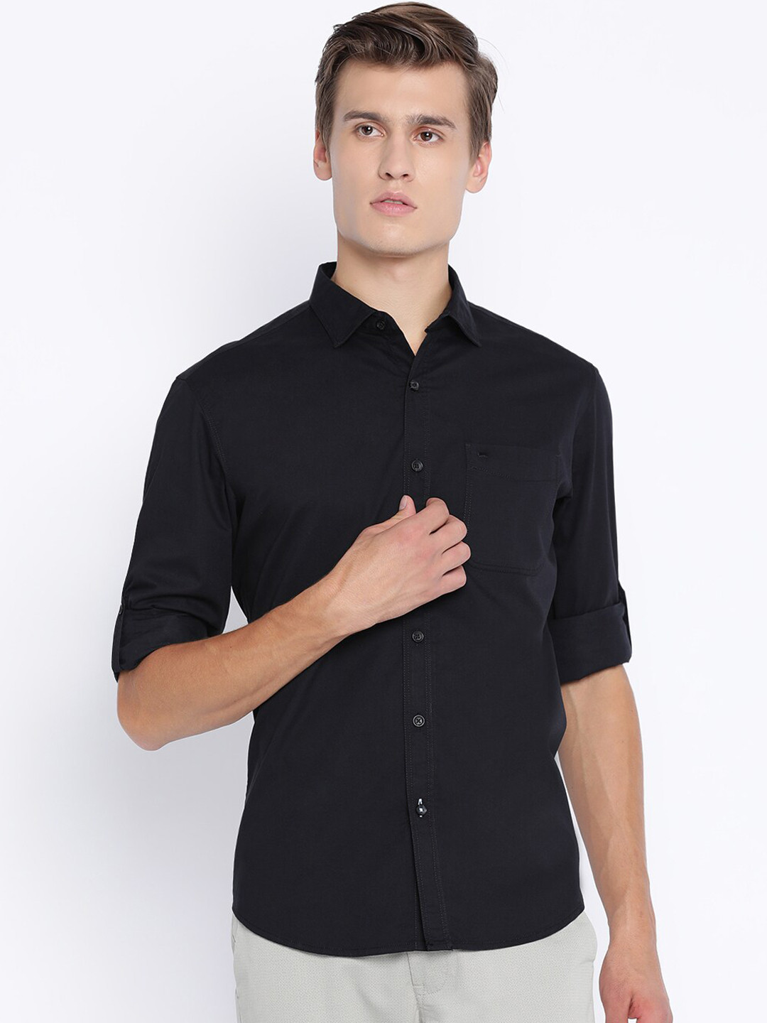 Men's Black Standard Slim Fit Cotton Casual Shirt