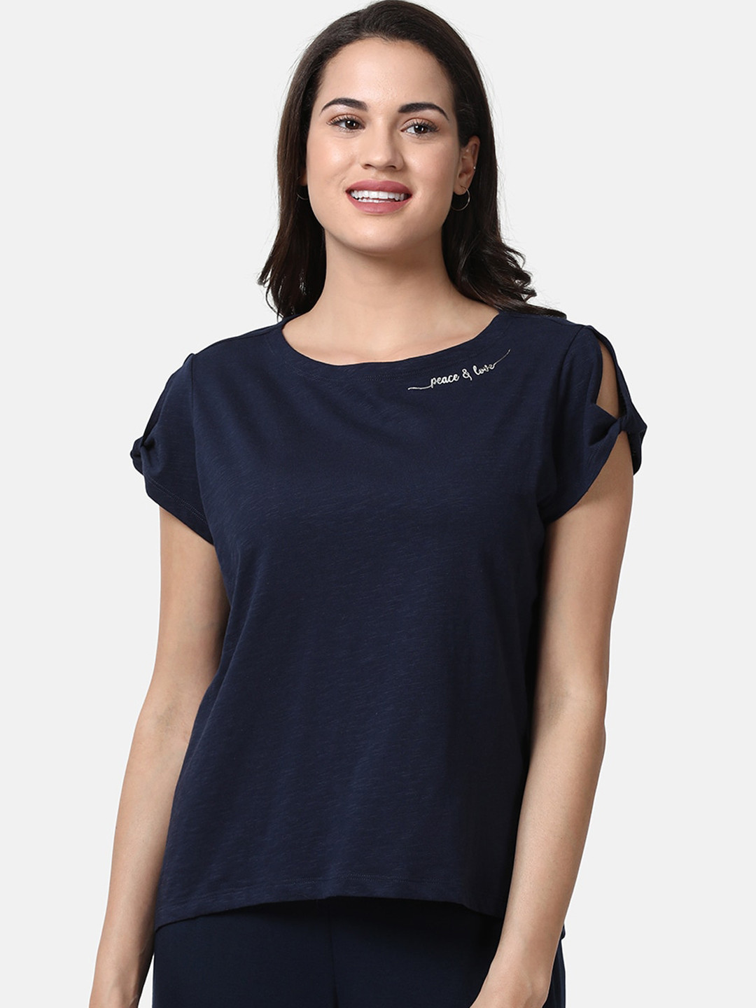 Buy Enamor Women Navy Blue Solid Round Neck T Shirt - Tshirts for Women ...