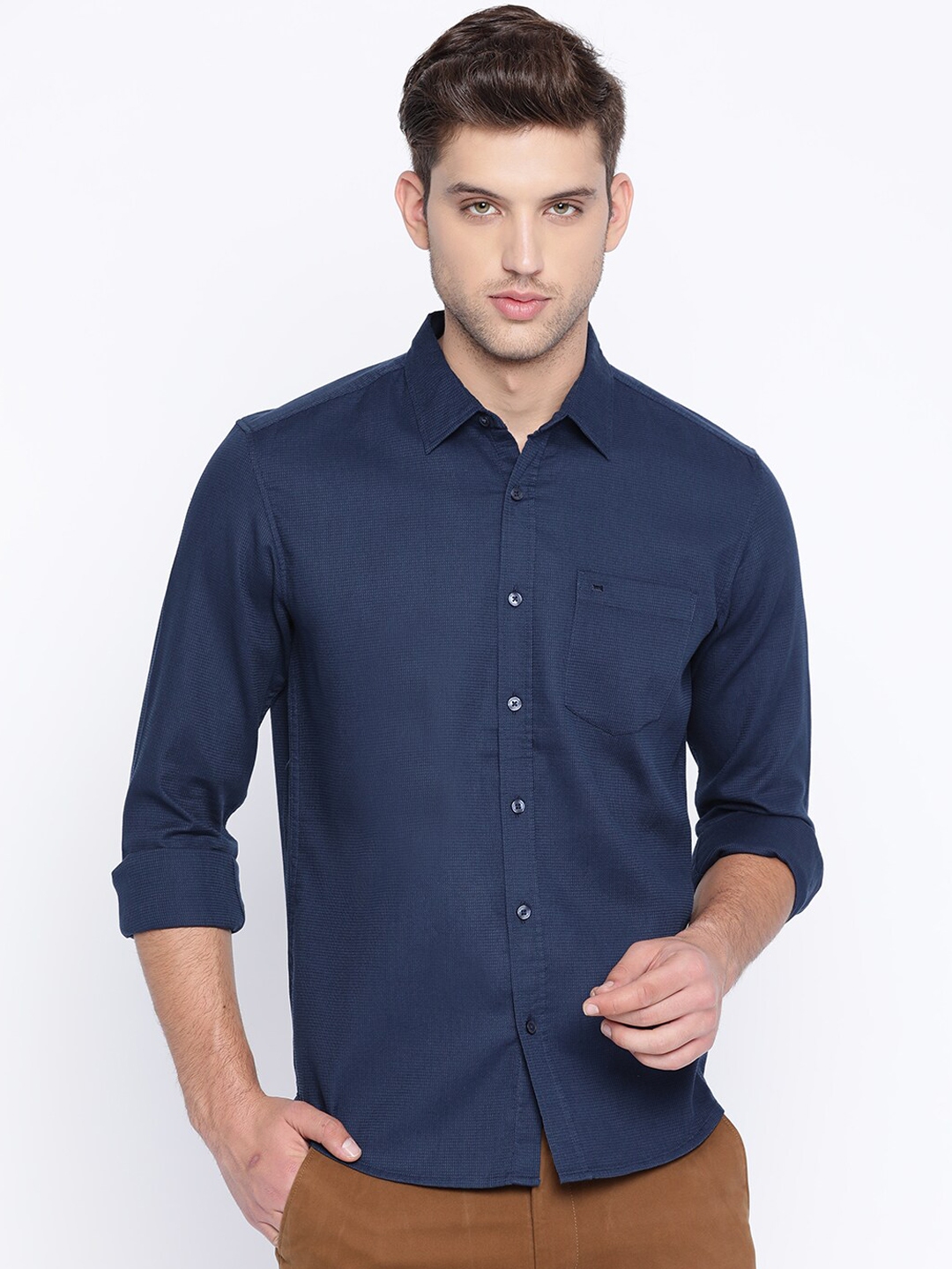 Buy Basics Men Navy Blue Slim Fit Self Design Casual Shirt - Shirts for ...