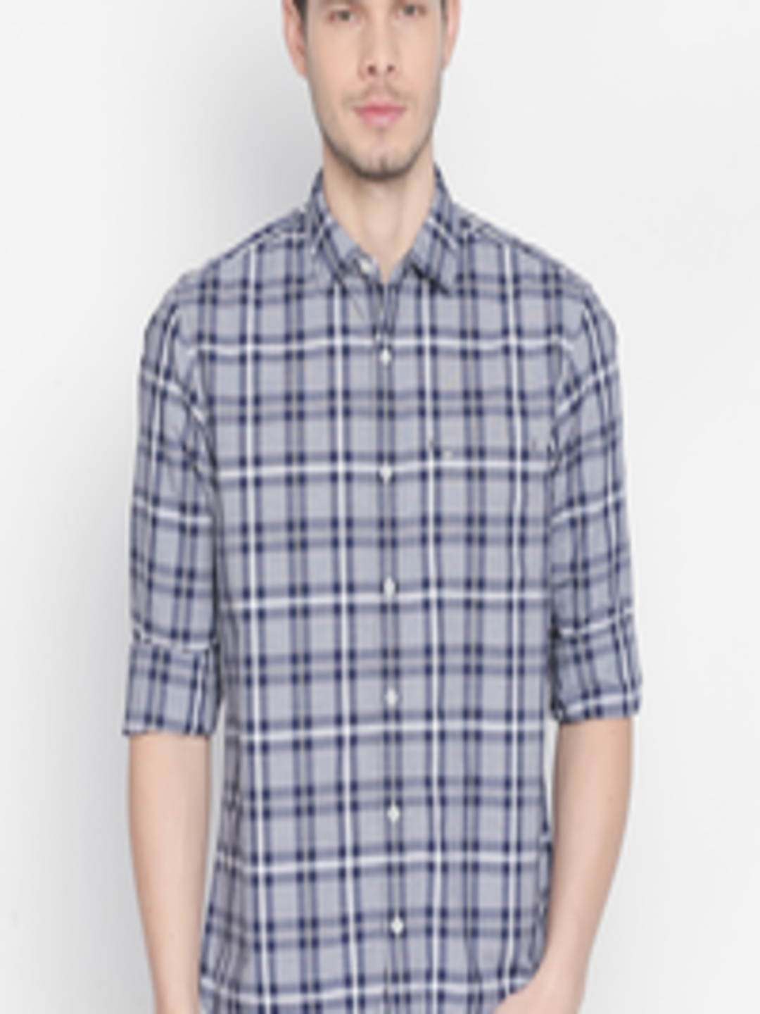 Buy Basics Men Blue & White Slim Fit Checked Casual Shirt - Shirts for ...