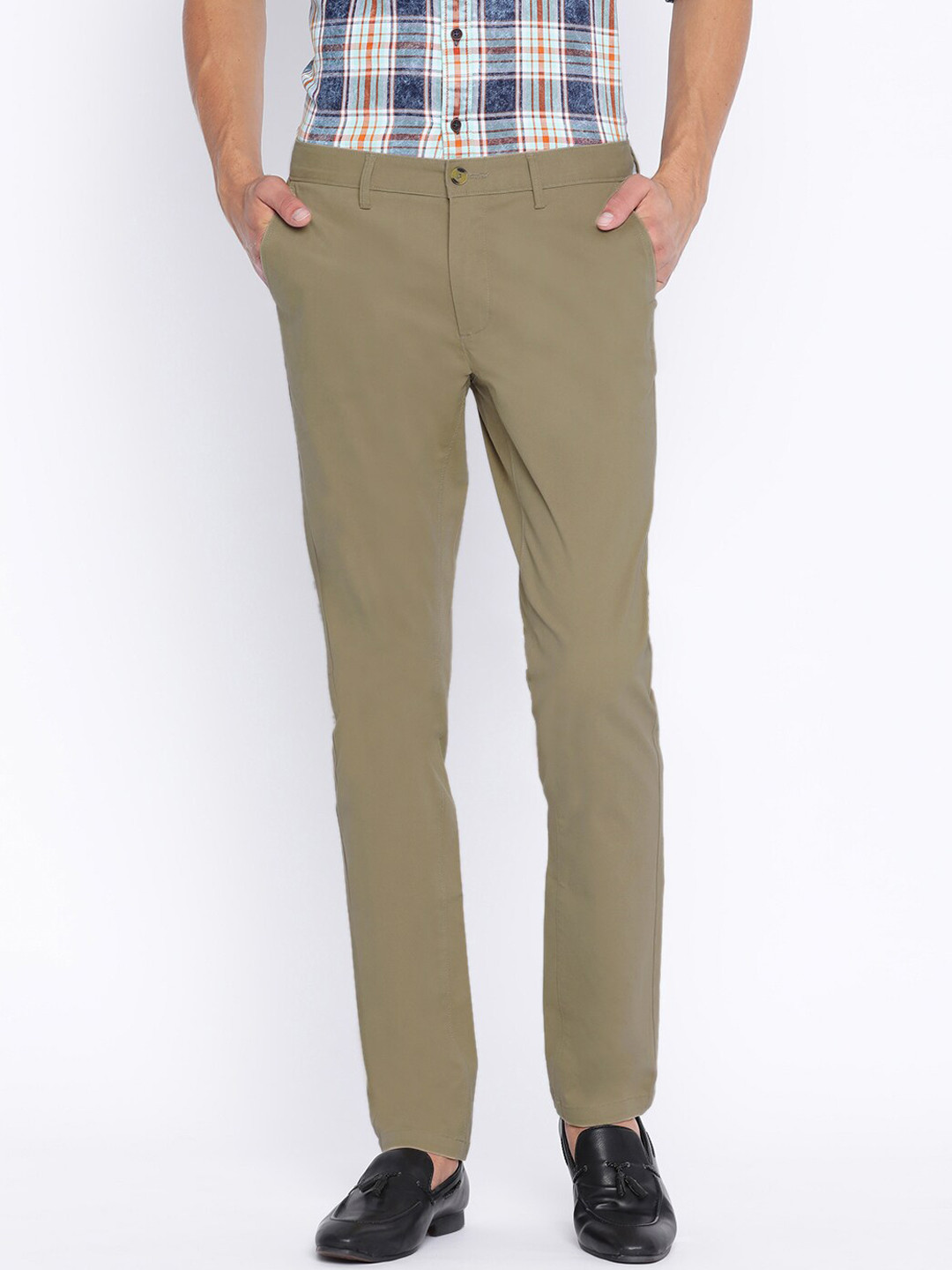 Buy Basics Men Khaki Tapered Fit Solid Regular Trousers Trousers for