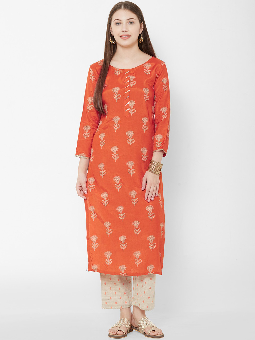 Light Grey & Orange Multi Colored Printed Kurta Set With Pant main image 0