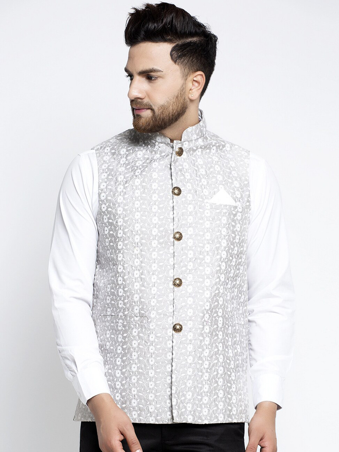 Buy Jompers Men Grey Embroidered Nehru Jacket Waistcoat for Men