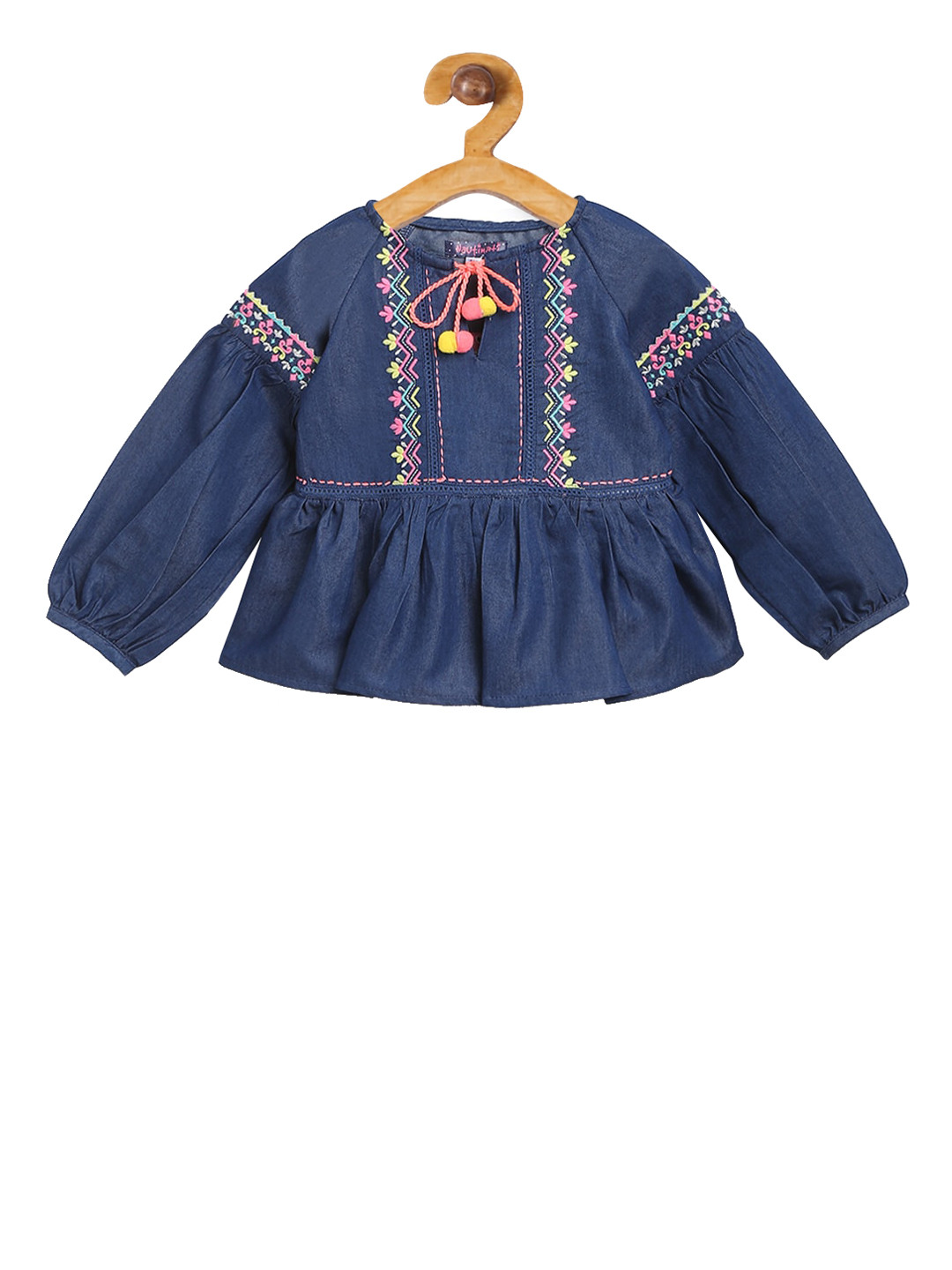 Nauti Nati Girls Navy Blue Printed Layered A-Line Dress with Bow Detail with Tassels