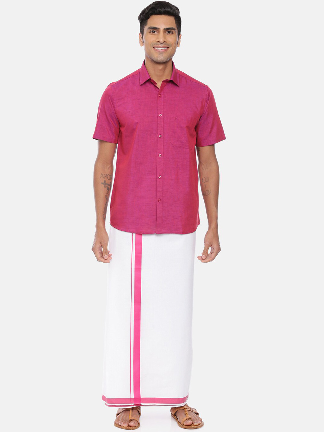 Buy UATHAYAM Men Pink & Off White Solid Shirt With Dhoti - Clothing Set for Men 13297278 | Myntra