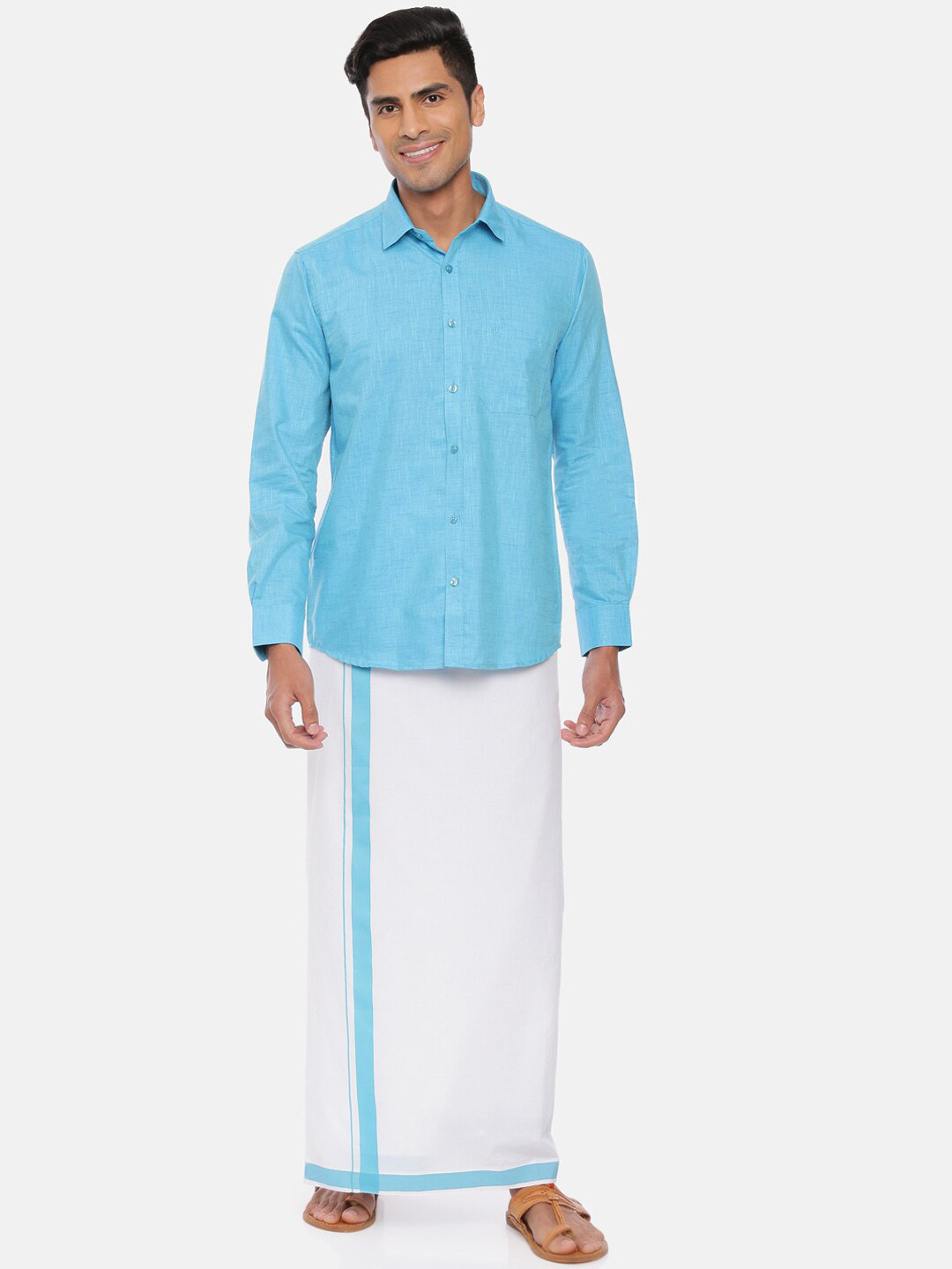Buy UATHAYAM Men Blue & White Solid Shirt With Dhoti Pants - Clothing Set for Men 13297272 | Myntra