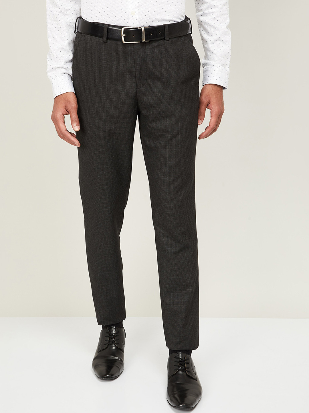 Buy CODE By Lifestyle Men Charcoal Grey Slim Fit Solid Formal Trousers ...